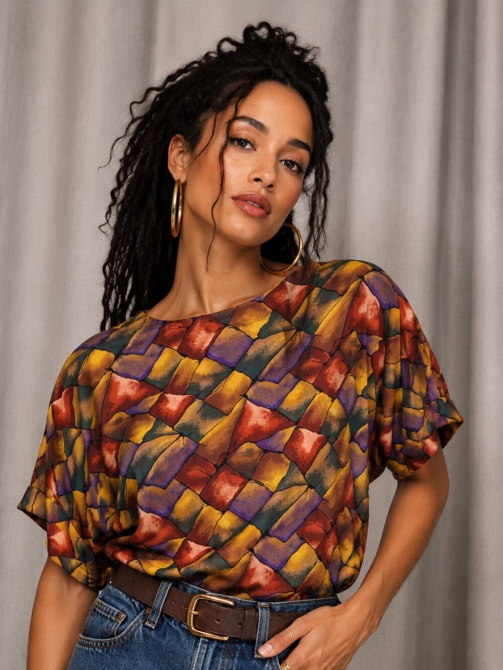 Vintage 90s Earth Tone Abstract Print Top Earth Tone Top LARGE